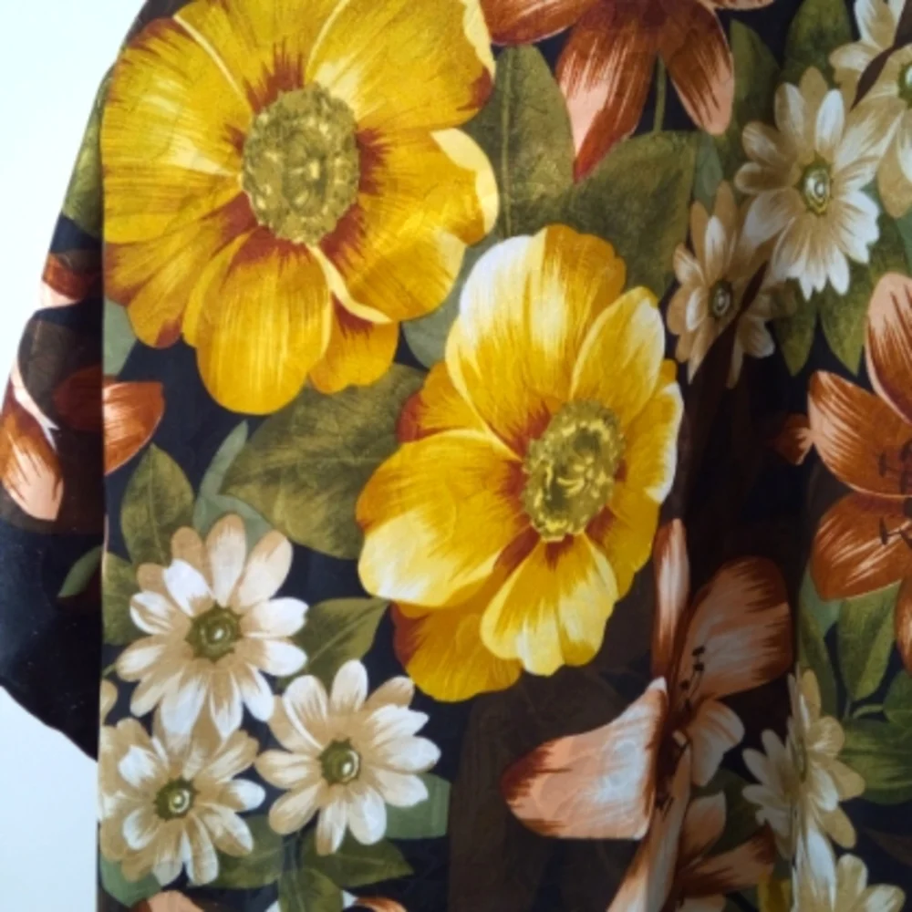Vintage Square Floral Neck Scarf Satin Style Flowers Black Made in Korea